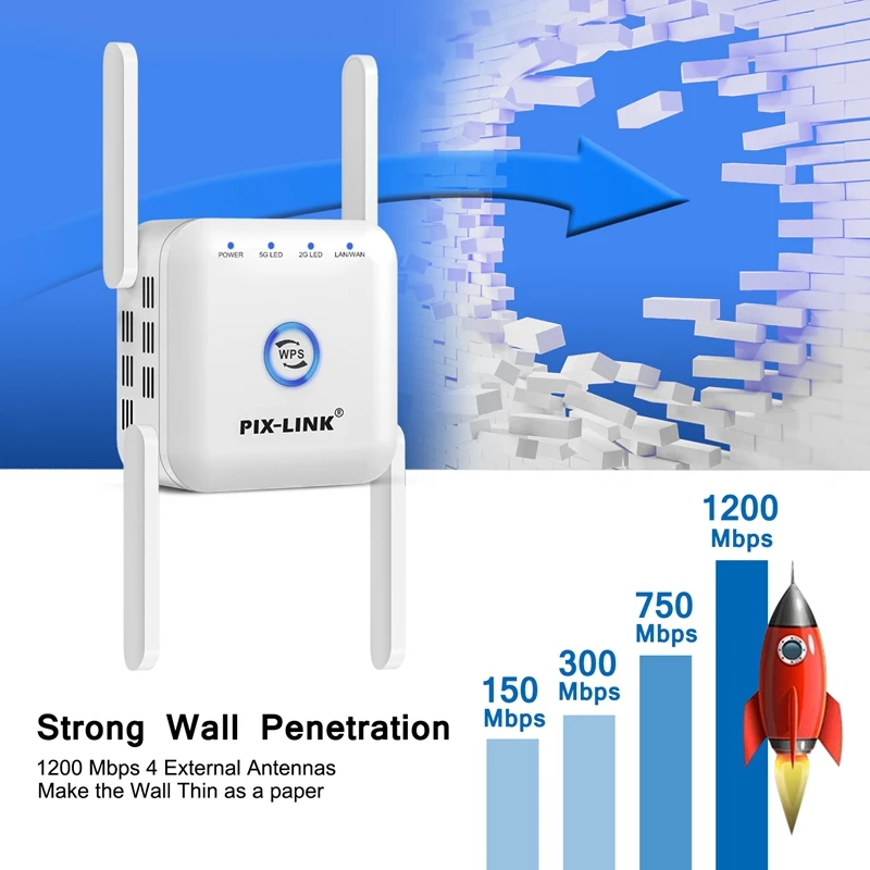 PIXLINK LV-AC24 Wireless 5G 2.4Ghz WiFi Repeater Extender 1200Mbps Wi-Fi Amplifier 802.11N Long Range AP Signal Booster