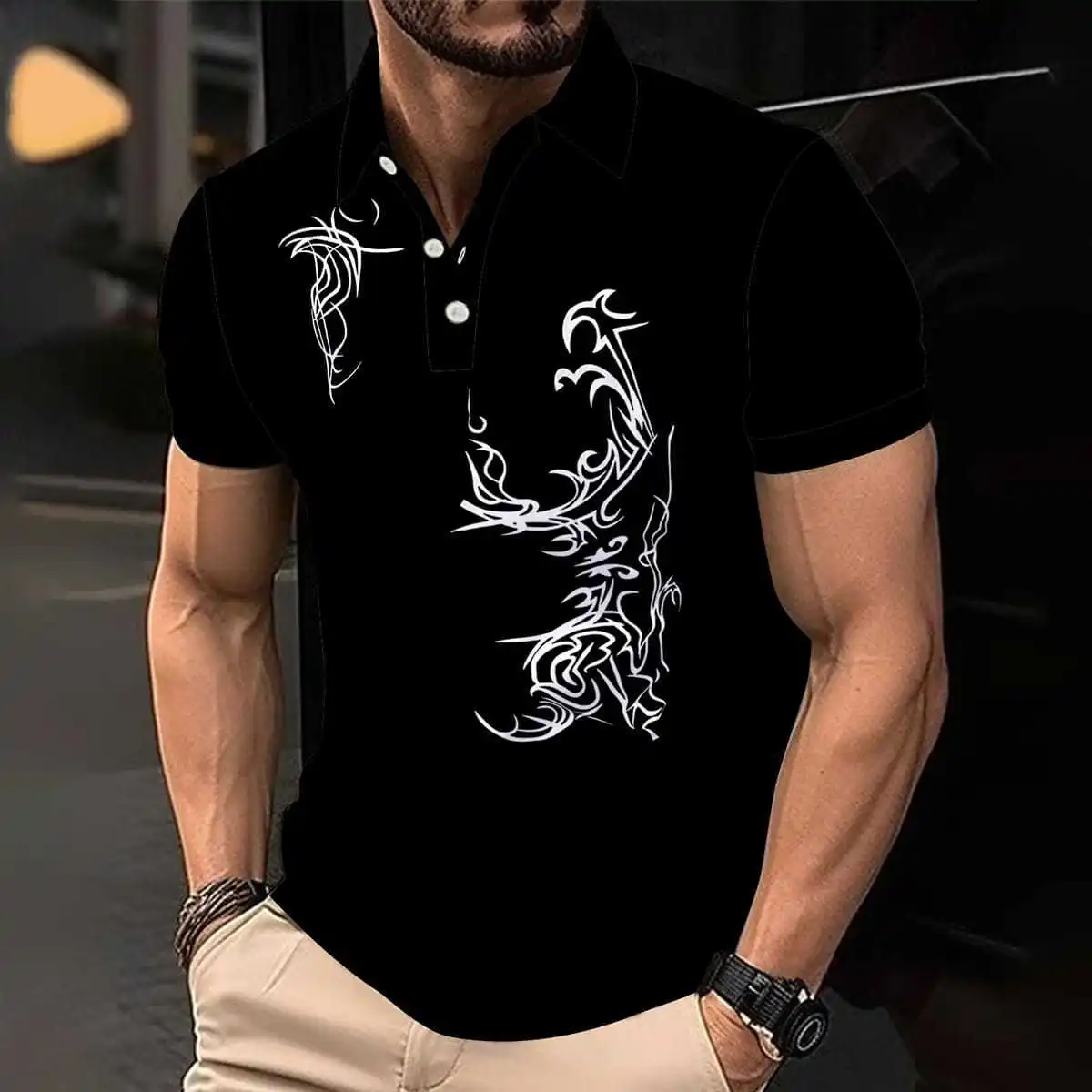 

Men's Vintage Graphic Lapel Polo Shirts New Design Solid Color Tops Summer Autumn Casual Loose Breathable Polo Retro Man Clothes