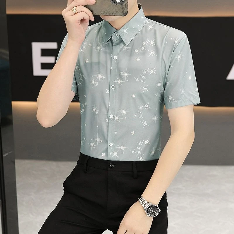 Men's Ice Silk Stretch Summer Shirt Cool Lightweight Wrinkle-Free Slim Fit Trendy Casual Wear Versatile Design