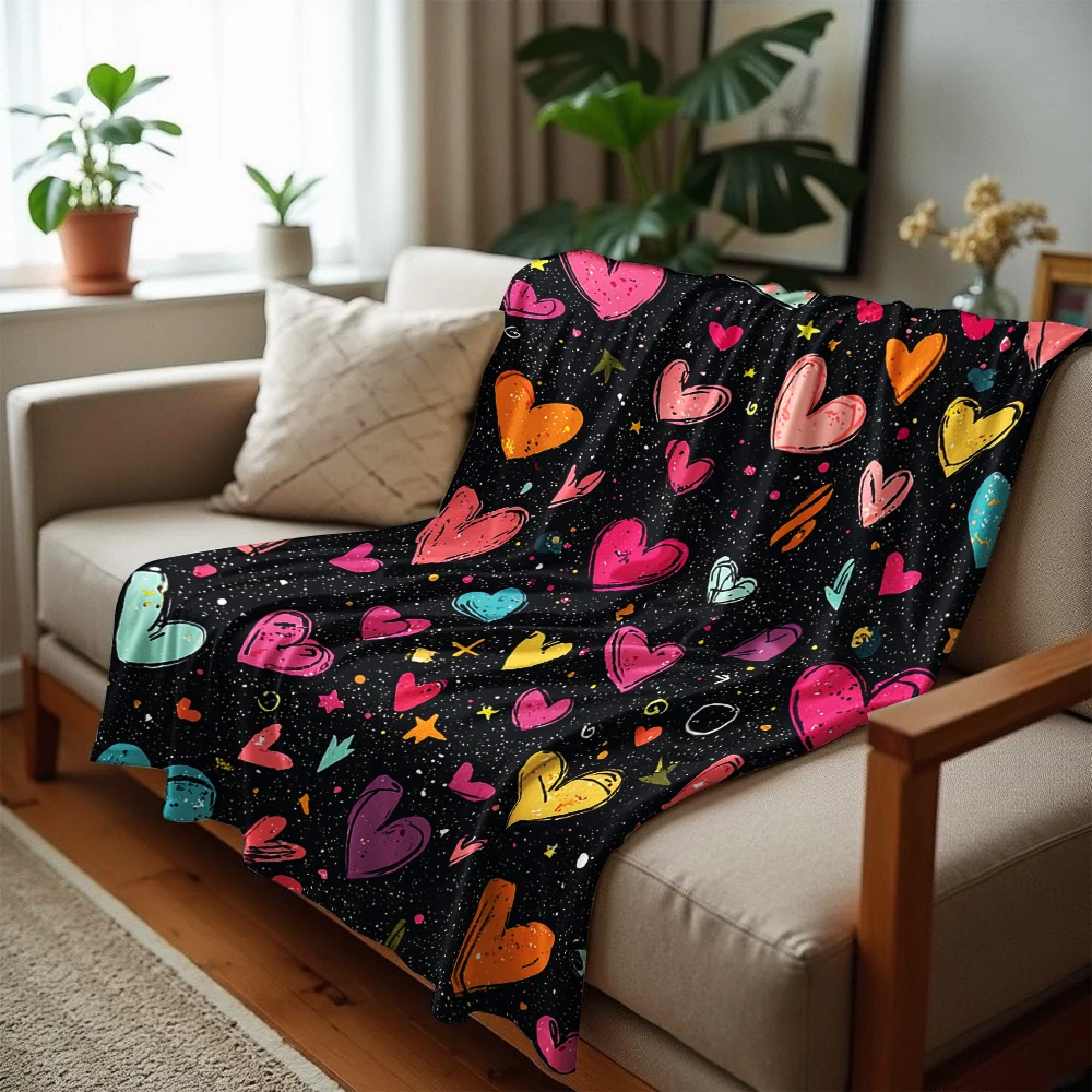 Colorful Doodle Hearts Cartoon Anime Print Flannel Blanket Soft Warm Throw for Kids Bedroom Sofa Christmas Office Car