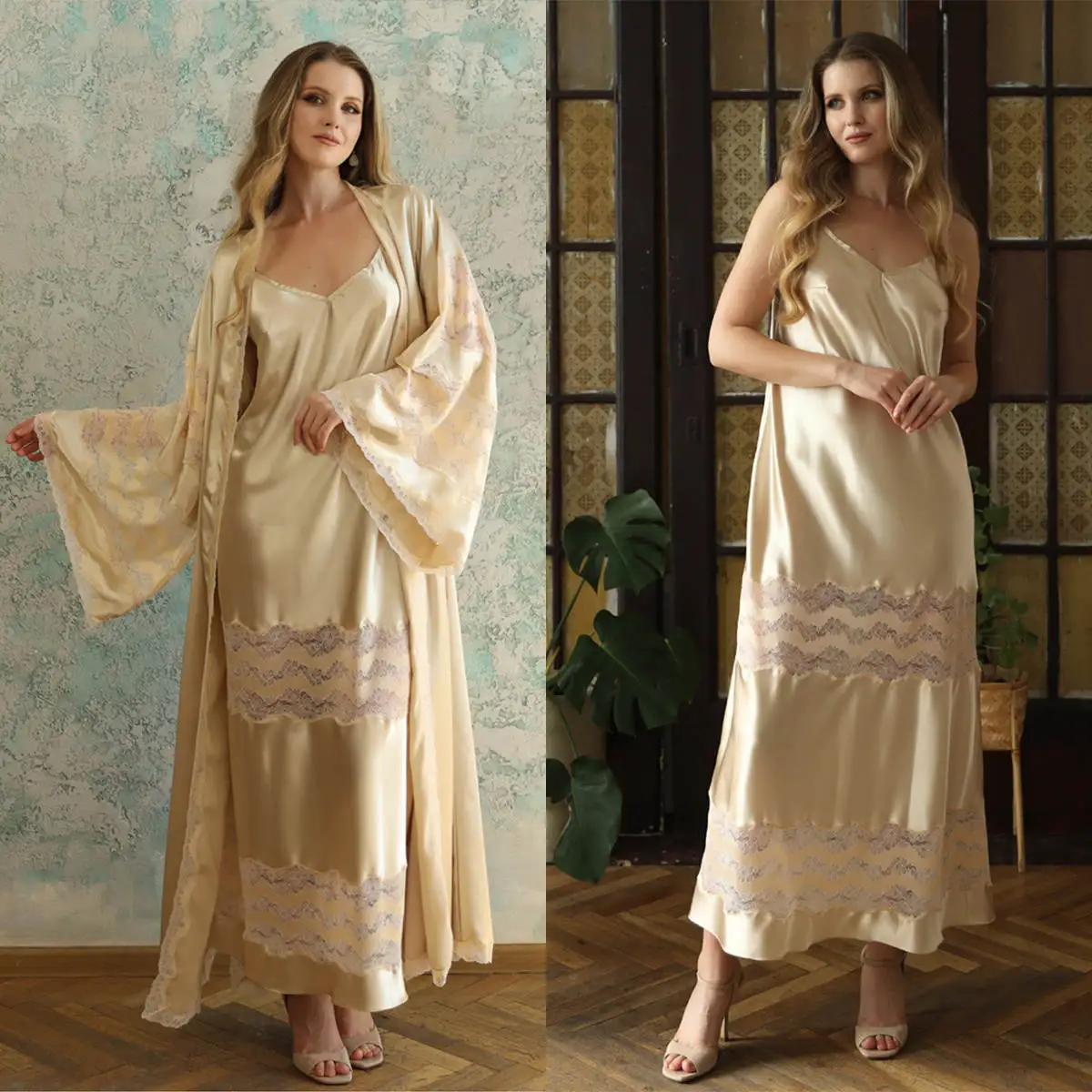 

Comfortable Women’s Pajamas Satin Appliques Lace Robes Bridesmaid Bride Robes Wedding Long Robe Bathrobe plus size customized