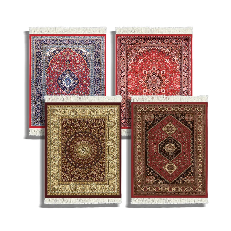 

Set of 4 Oriental Carpet Drink Coasters - Rubber Backed Brushed Metal Finish Fabric Table Mats, Elegant Vintage Pattern Square C