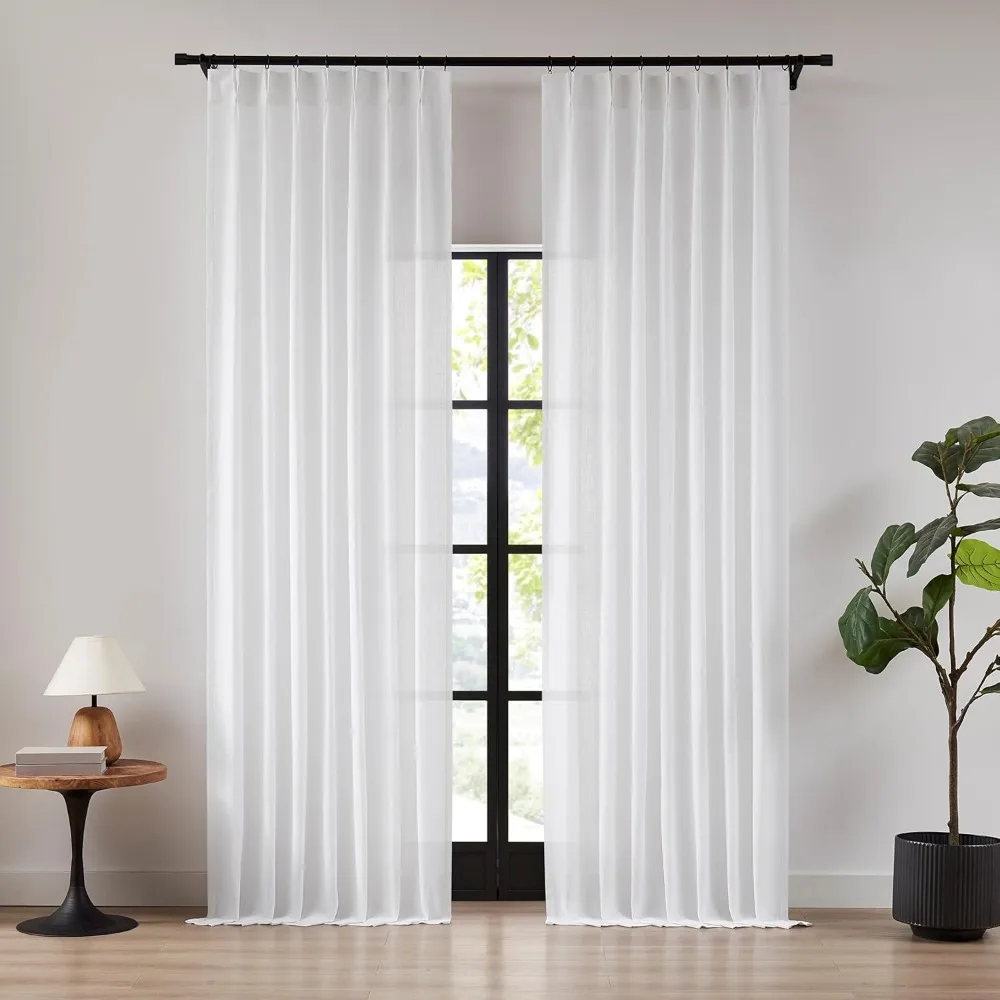 

112 Inches White Pinch Pleated Semi Sheer Curtains Linen Blend Light Filtering Window Curtain for Living Room Bedroom Pinch Plea