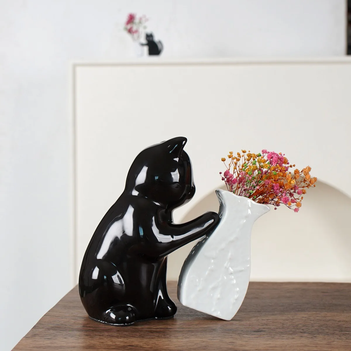 CAPIRON Funny Cat Push Vase Figurine Ceramic Statue Home Decor Black White Desktop Table Ornament  Perfect Gift Shelf Decoration