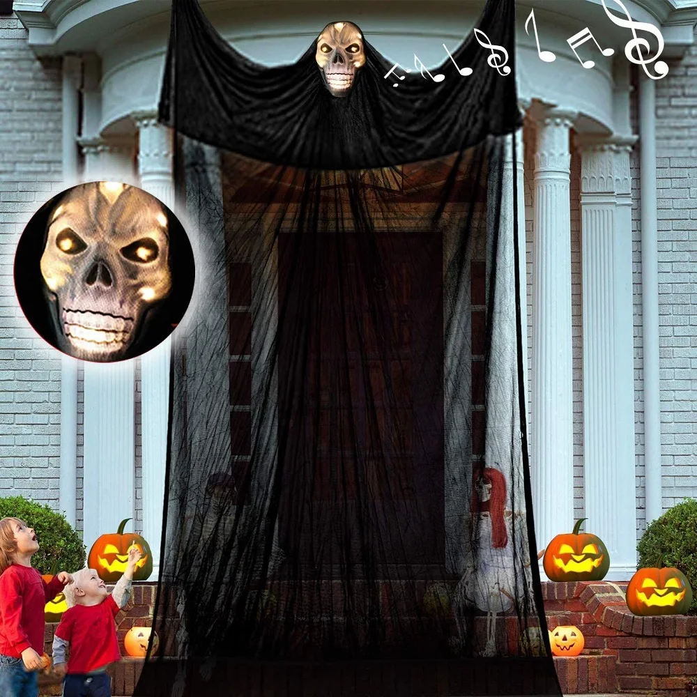 

Halloween Decor Hanging Ghost Voice Control, Emitting Light and Sound, Terrifying Mask Gauze Skeleton Flying Ghost Scary Props
