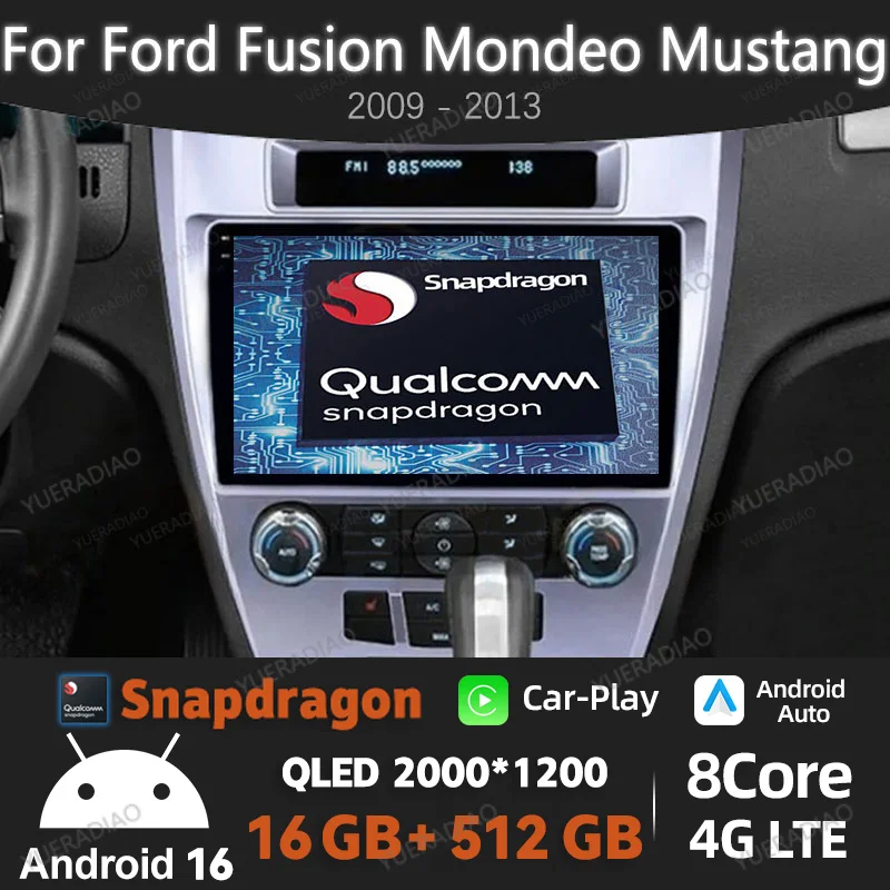 Rádio Automotivo Android 16 para Ford Fusion Mondeo Mustang 2009 - 2012 com Carplay Auto, 4G LTE, 5G WIFI, Bluetooth, Câmera de Ré e Unidade Central Multimídia