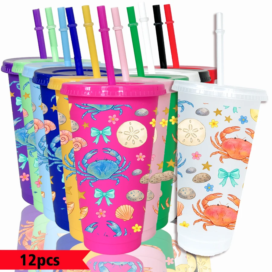 12pcs/pack Crab Shell Bow Pattern 26oz Colored Plastic Party Cold Drink for Back-to-school Birthday Gift