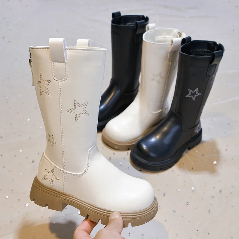 Kids Girls Star Embroidery Tall Boots Back Zipper Thick Platform Non‑Slip Fleece‑Lined Winter Boots
