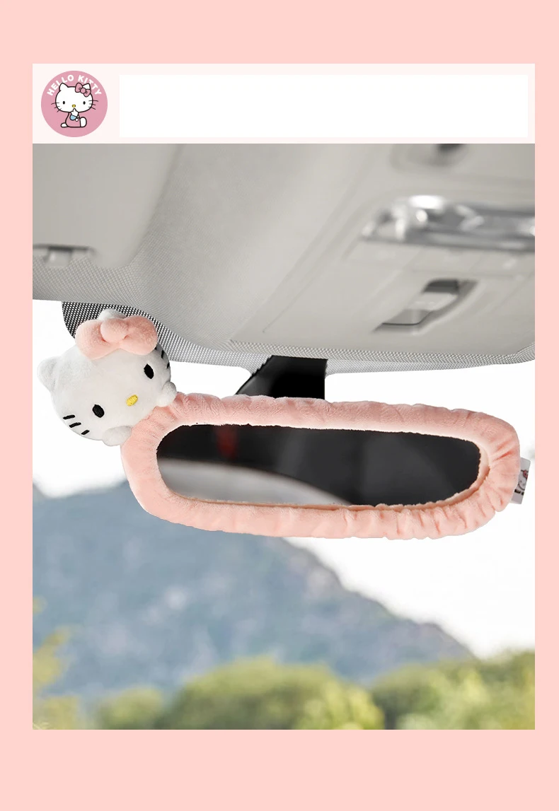 Sanrio Kawaii Kitty Cat Hello Kitty Girl Car Accessories Rearview Mirror Cover Case Creative Auto Decoration Soft Plush Interior