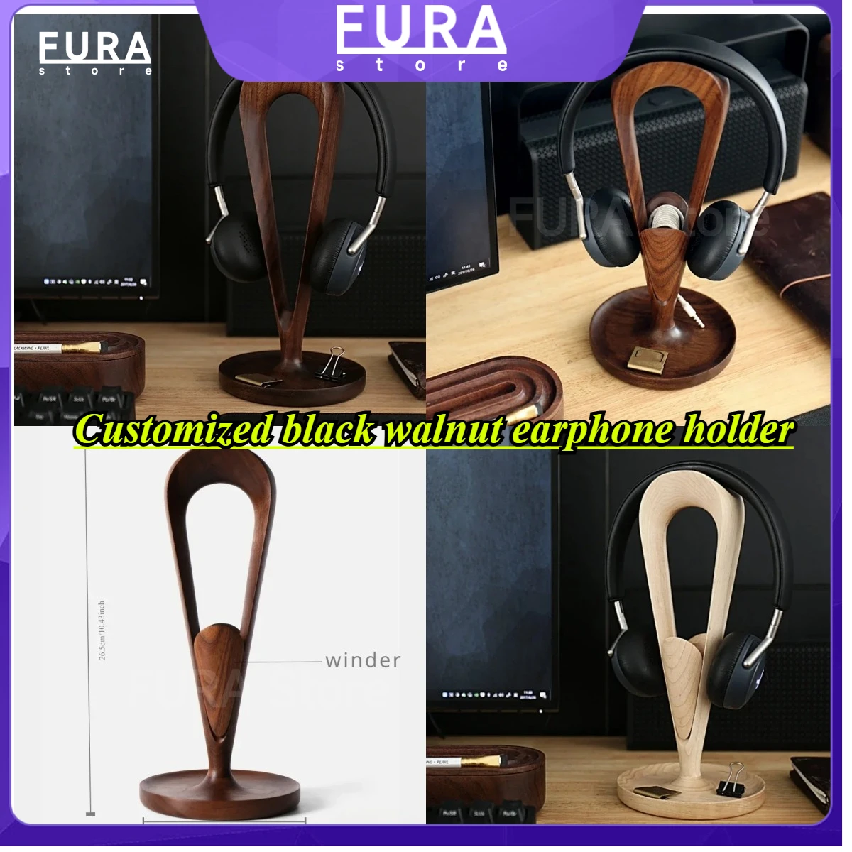 

North American walnut earphone holder - walnut earphone holder with winding device Solid wood custom earphone holder storage