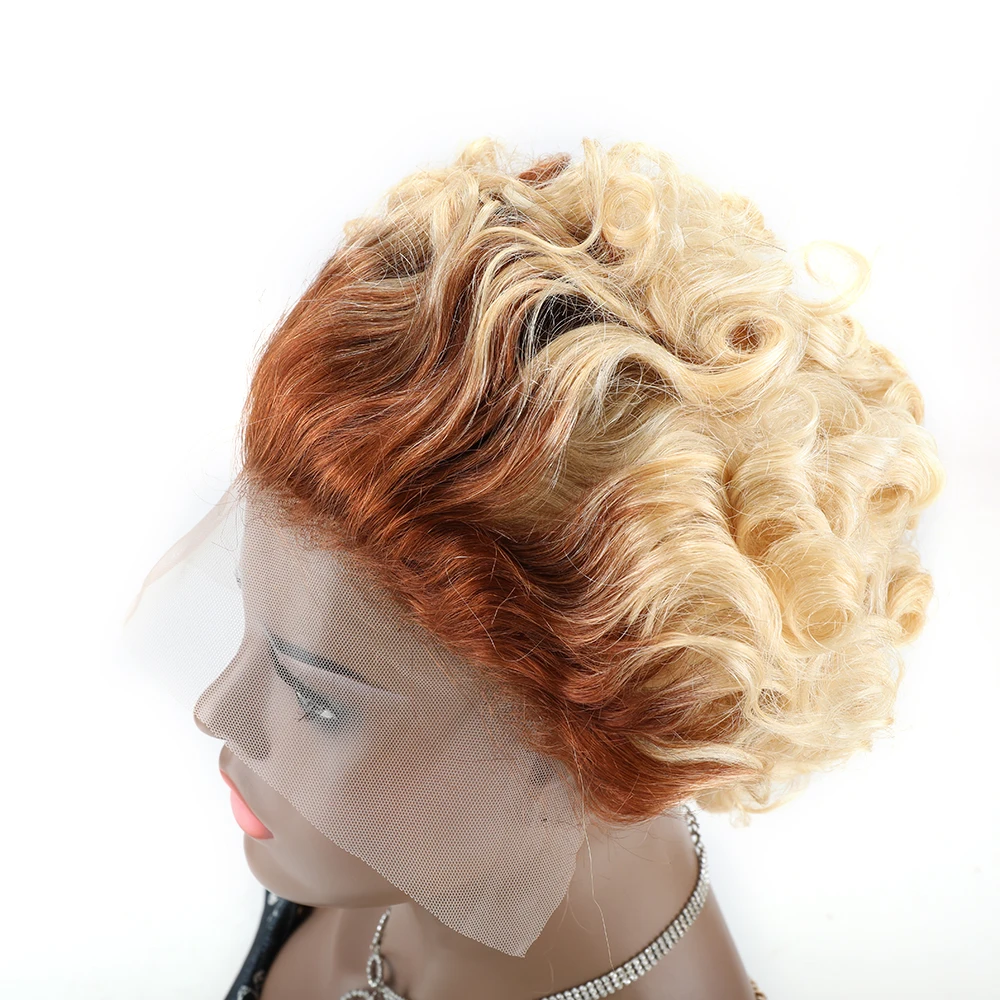 

Short Pixie Curl Wigs Part Lace Wig 8inch Lace Frontal Wig Golden Honey 613 Human Hair Wigs for Women Brazilian Pixie Cut Hair