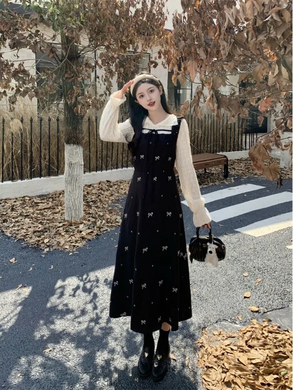 

Женский комплект с юбкой, кружевной топ с рюшами и рукавами во французском стиле в стиле ретро, осенняя черная юбка трапециевидной формы на шнуровке с бантом и принтом, комплект из двух предметов