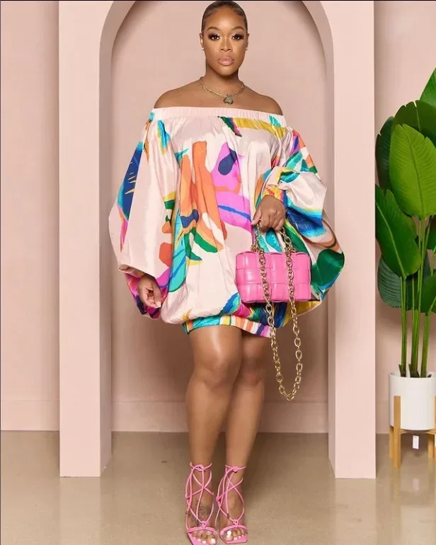 Abiti da donna vintage moda orlo elasticizzato con spalle scoperte collo slash lanterna manica lunga stampata abito da ballo grembiule abiti