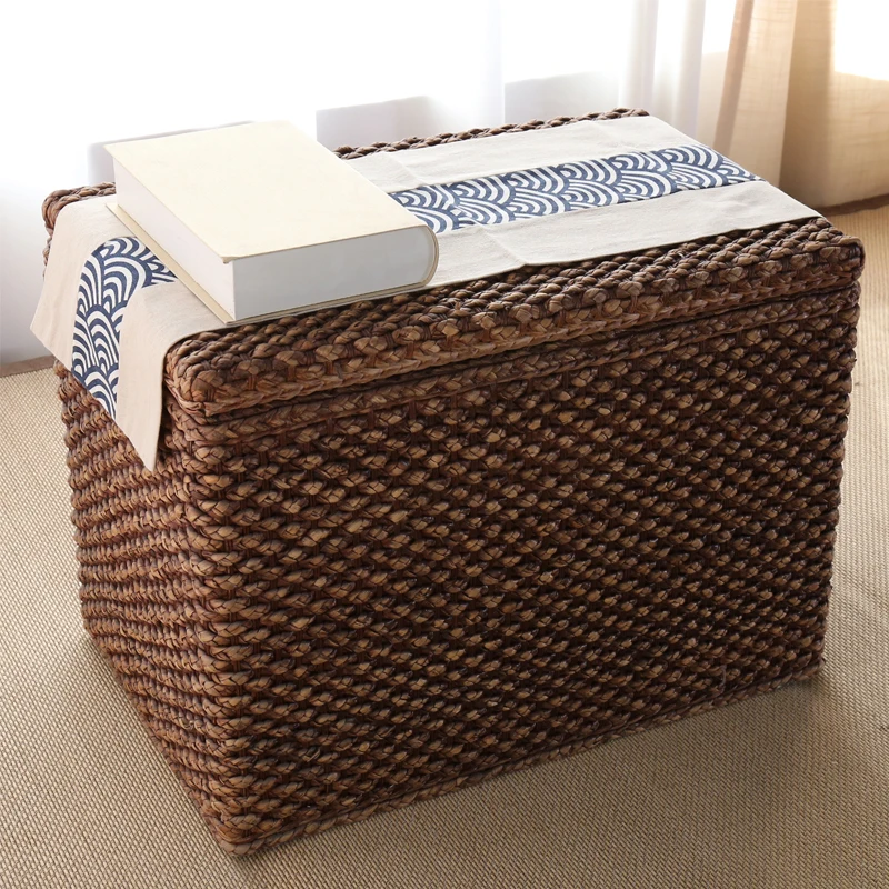 Woven Rattan Storage Ottoman Natural Seagrass Shoe Changing Stool Solid Wood Shoe Seat with Storage Living Room Organizer Chest