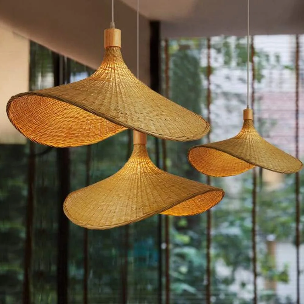 Bambus-Geflecht Pendelleuchte Wicker Lampenschirm Rattan Handgewebte Hängelampe 50CM Hutförmiger Kronleuchter E27 Pendellampe für Zuhause