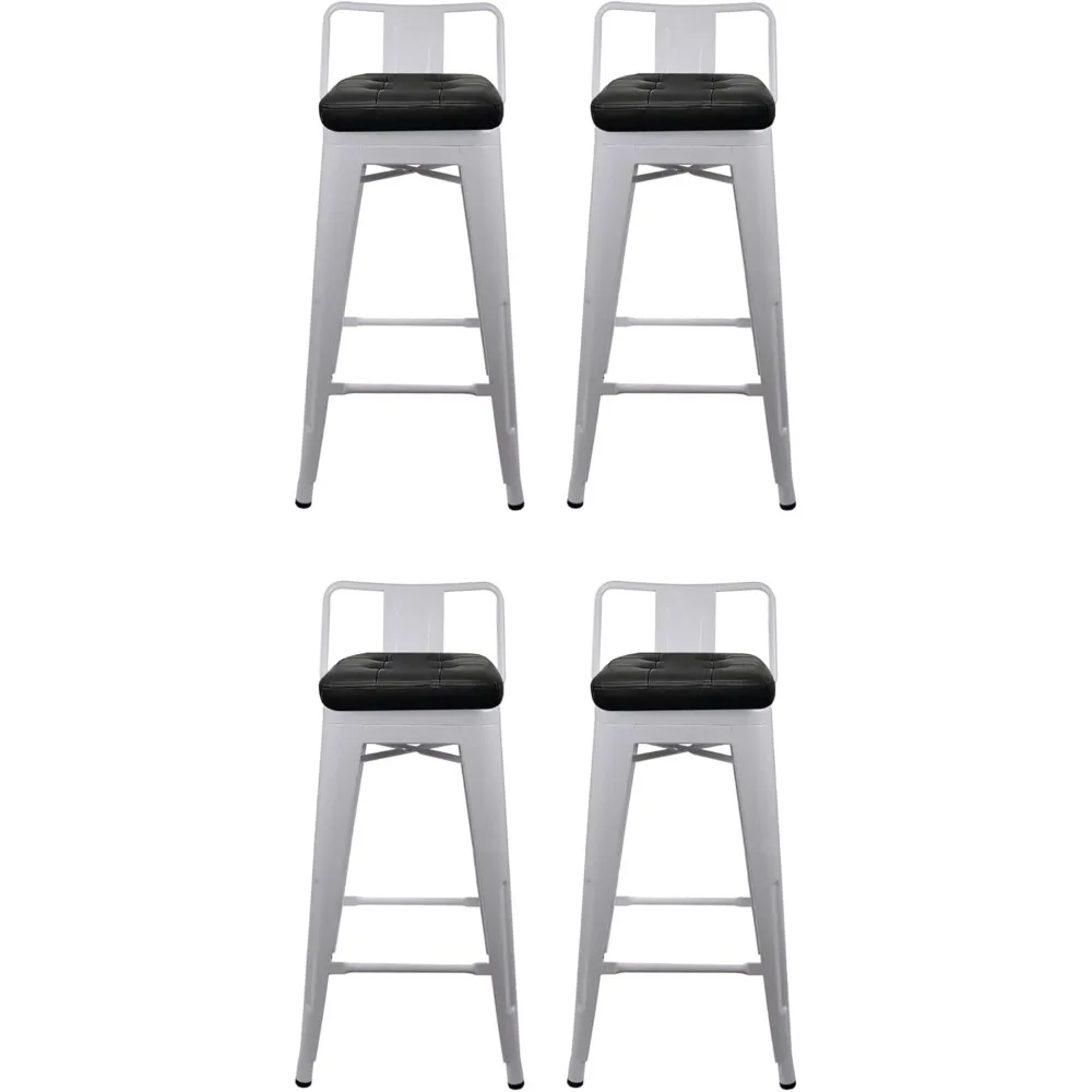 30-Inch Bar Height Low Back Metal Stool Chair with Black Faux Leather Seat,Set of 4,White