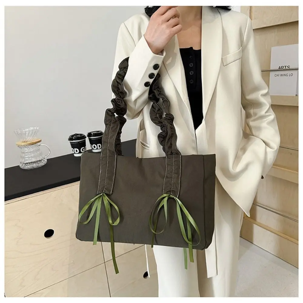 Creative Gift Large Capacity Handbags Harajuku Reusable Drawstring Bow Shoulder Bag Nylon Solid Color Tote Bag Daily Use