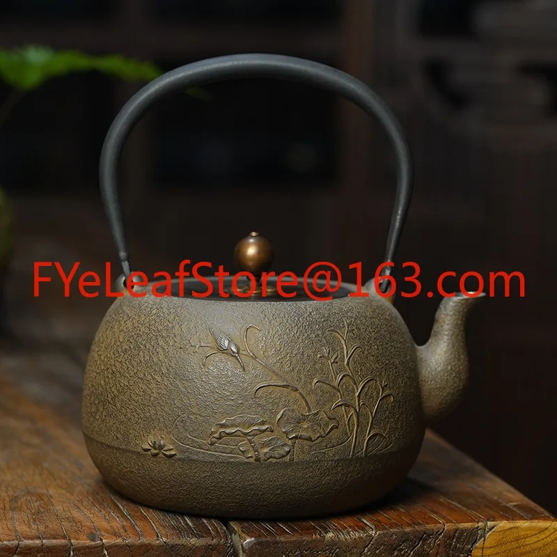 Kung Fu tea set, cast iron teapot, uncoated, hand made, old iron pot manufacturer, reed and bird, cooking tea in a furnace