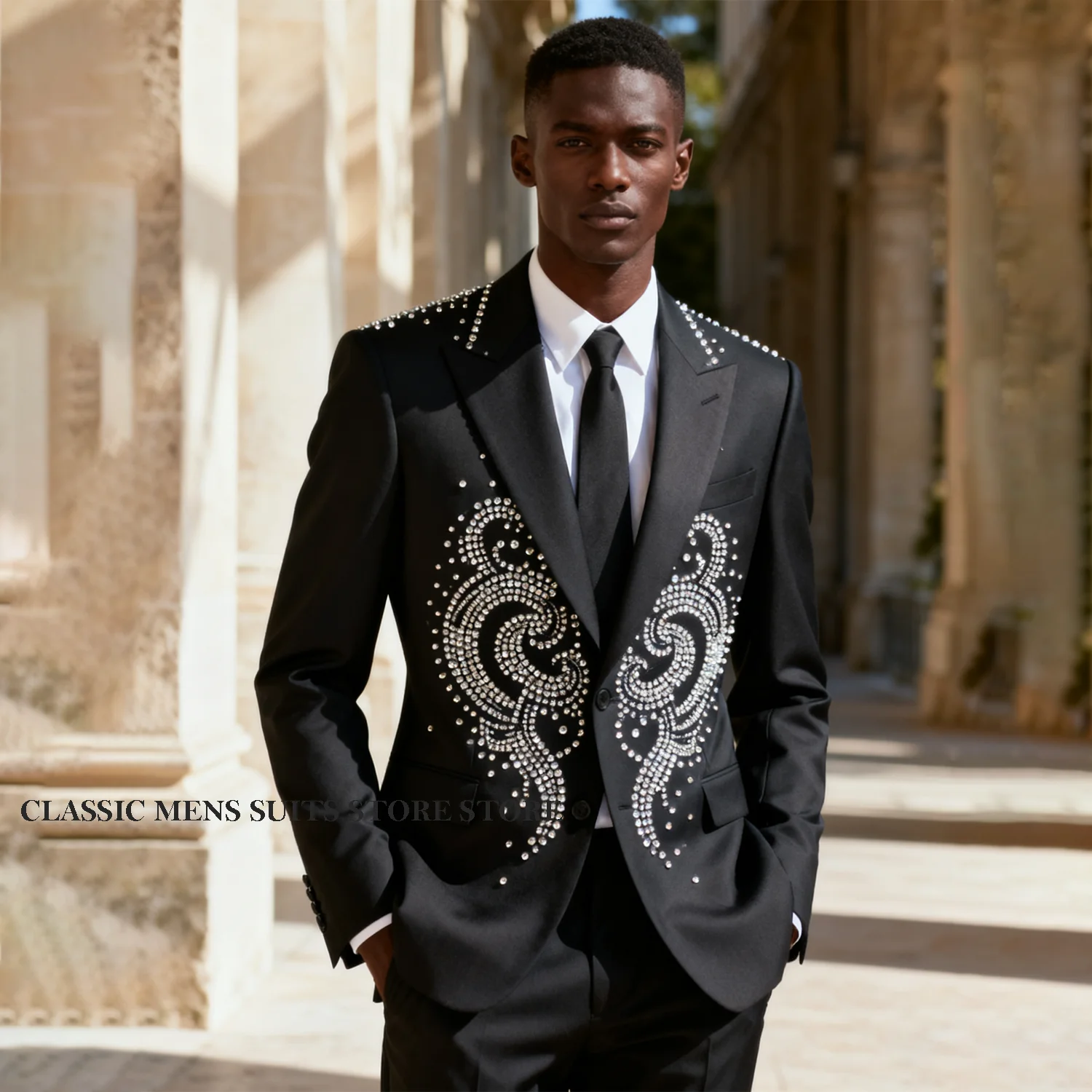 

Luxury Diamond Embellished Men Suits Customized 2 Pieces Sets Male Party Prom Blazers Peaked Lapel Groom Tuxedos Ropa Hombre