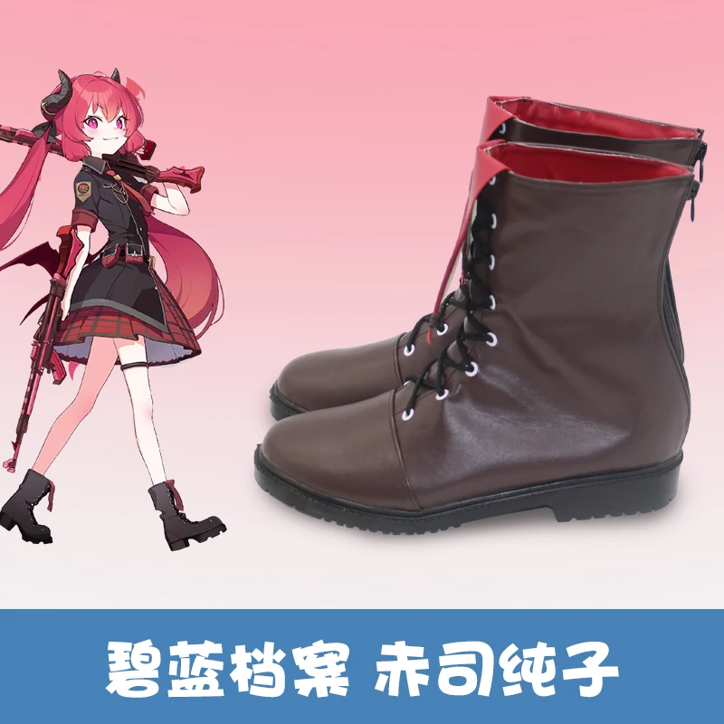 New! Akashi Junko Cosplay Shoes Blue Archive brown shoes collar lovely red customize Mid-calf lace-up boots