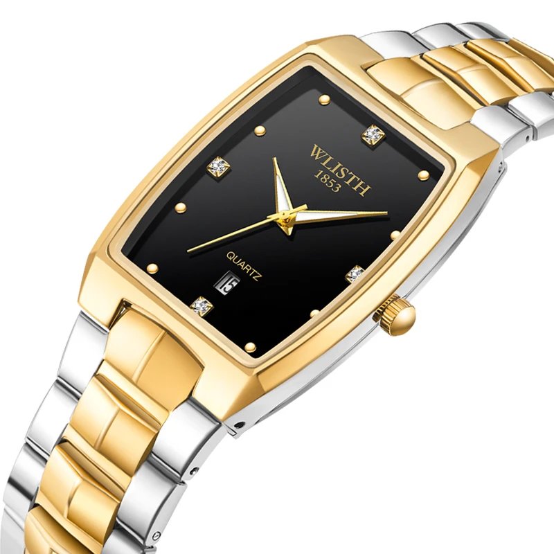 Mode wlisth Top Marke Gold Männer quadratische Uhren Luxus goldenen Quarz Edelstahl wasserdichte Armbanduhr relogio masculino