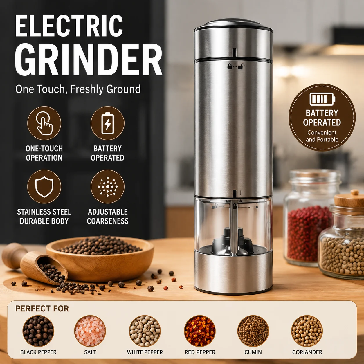 Electric Pepper Grinder Stainless Steel Automatic Salt And Pepper Mill One Touch Operation Adjustable Coarseness Spice Grinder