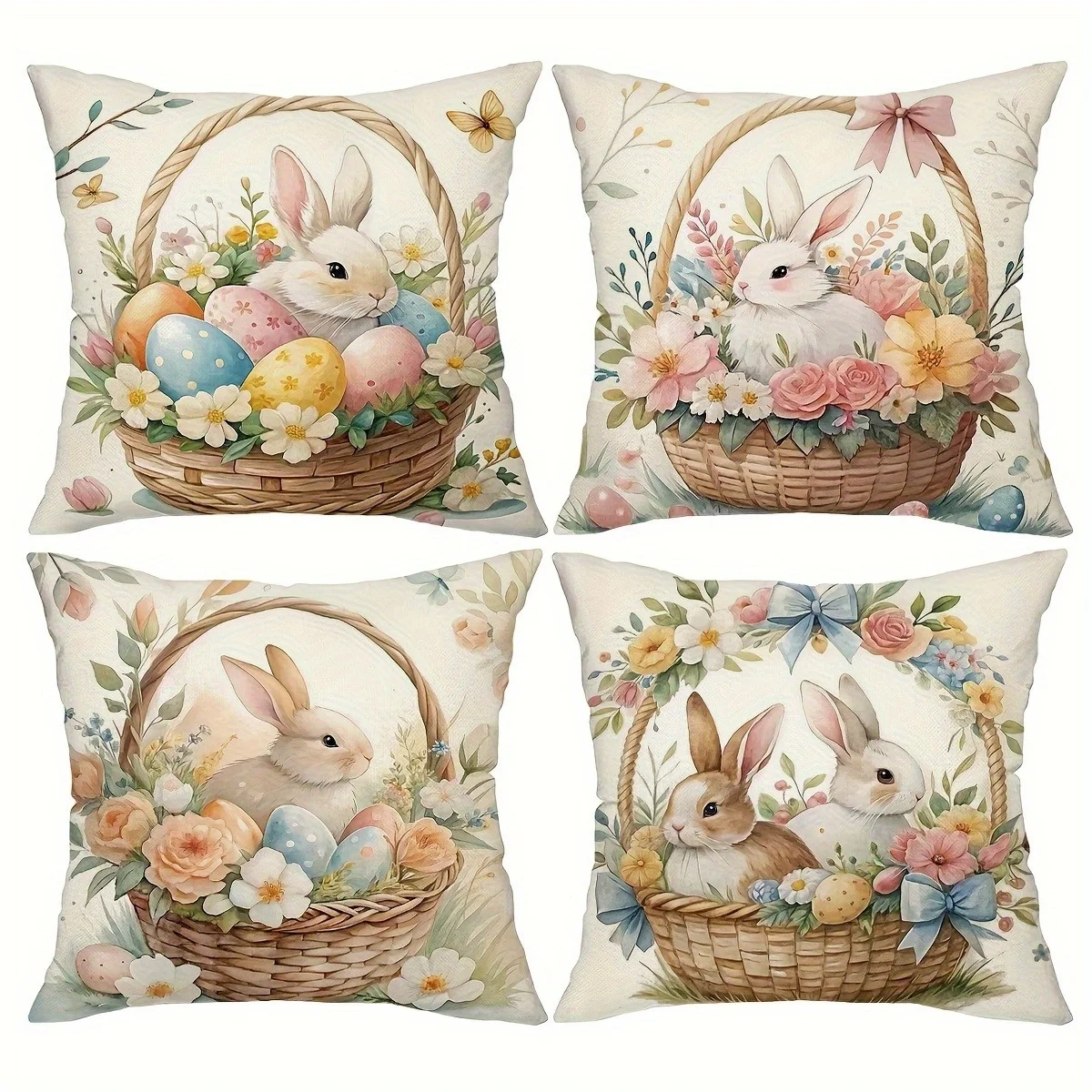 4 Piece Spring Bunny Easter Floral Pillow Covers Throw Cushion Set Cottagecore Nursery Decor Gifts Basket Design