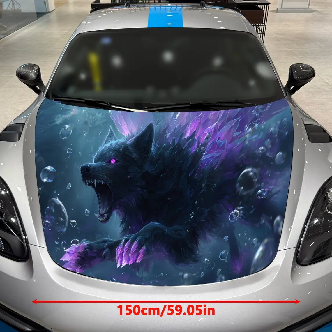 Blue Wolf with Purple Eyes, Crystal Clusters and Bubbles Car Vinyl Wrap, PVC Material Waterproof Car Hood Sticker, Self-Adhesive