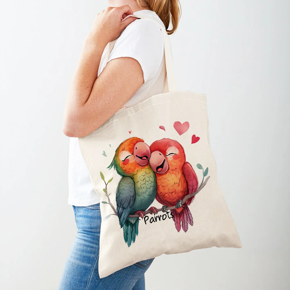 Double Print Funny Parrot Women Shopper Bag Casual  Child Gift Girl Travel Handbag Cute Cartoon Bird Animal Lady Shopping Bags