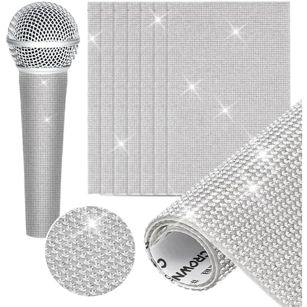 

8 наклеек-накладок на рукоятку микрофона, 8x4.7x0.1 дюйма, с блестками и стразами, самоклеящиеся