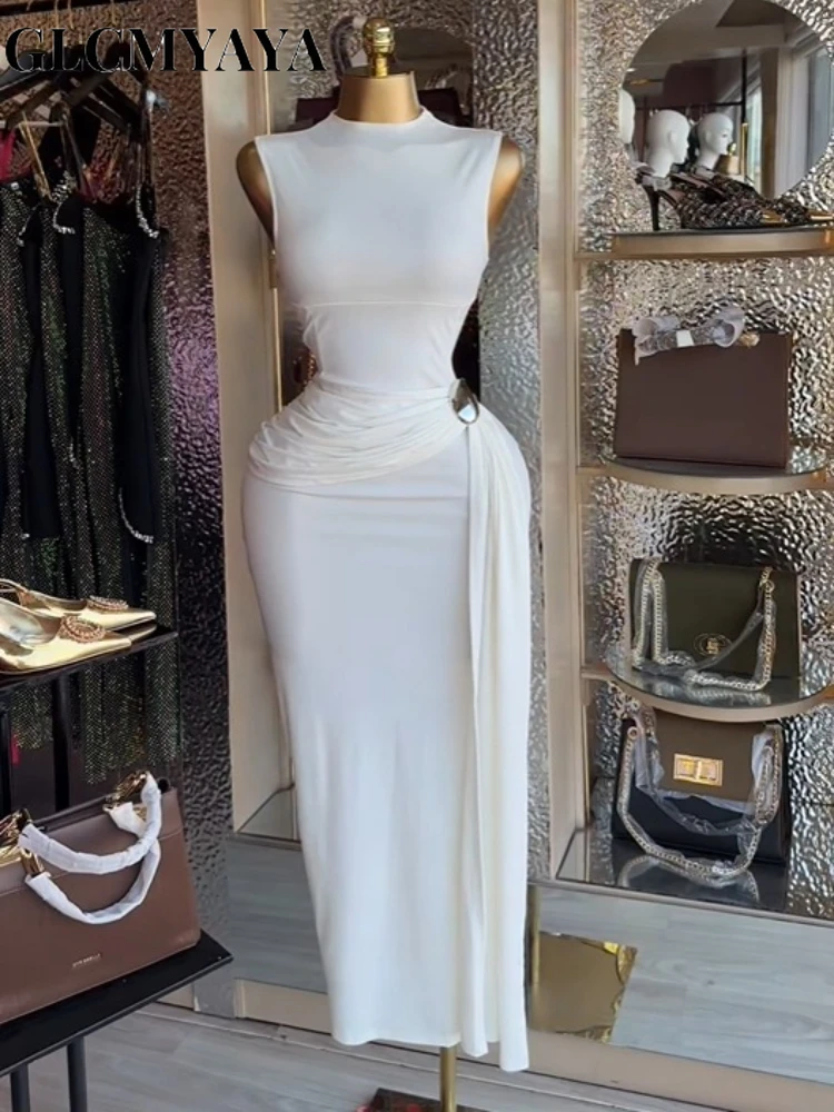 GLCMYAYA mujeres sin mangas cuello redondo apilado fruncido lado hasta ceñido al cuerpo Midi Maxi vestido 2026 cóctel incluso fiesta de cumpleaños vestidos de moda