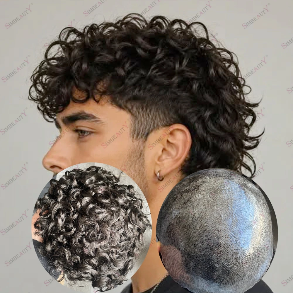 Men's 18mm Curly 100% Human Hair Full PU Skin Base Hair Prosthesis System Transparent Poly Brown Grey 1B40 1B50 Hair Replacement