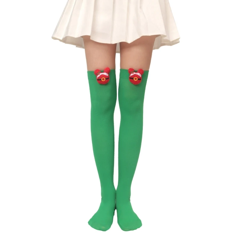 M2EA Christmas Diagonal Striped Silky Over Knee Long Socks Cartoon Plush Toy Bowknot Thigh High Stockings for Woman Clothing