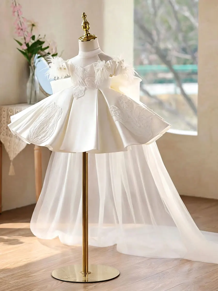 KLFLGD Flower Girl Wedding Dress Elegant Girl Birthday Party Dress Children Dress up Dance Party gorgeous Tulle Tail Tuxedo
