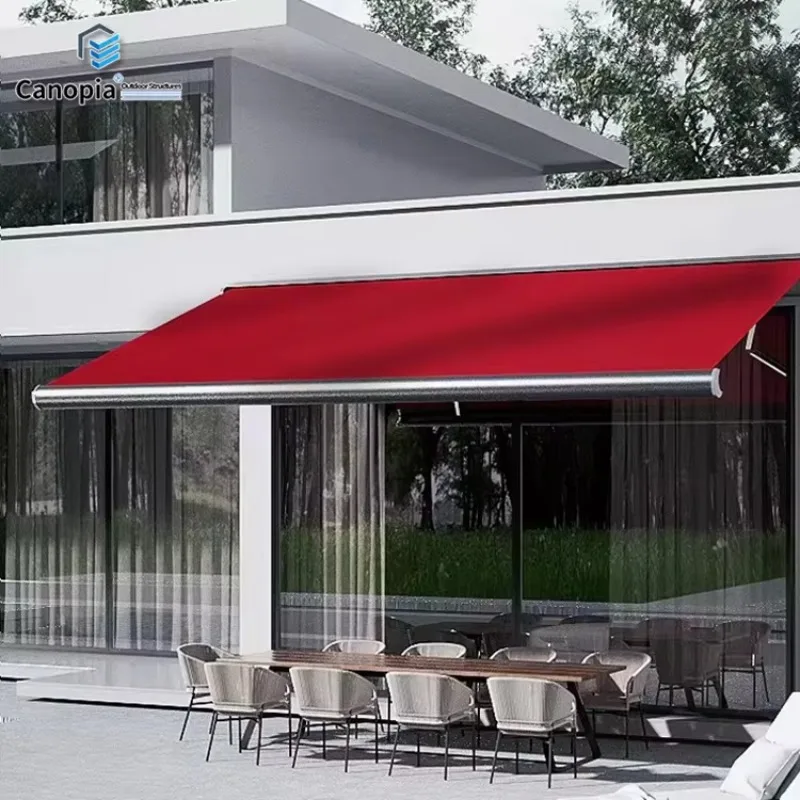 Customized Waterproof Rectangle Store Sunshade Electric Remote Control Folding Retractable Woven Canopy Awning LED Lamp