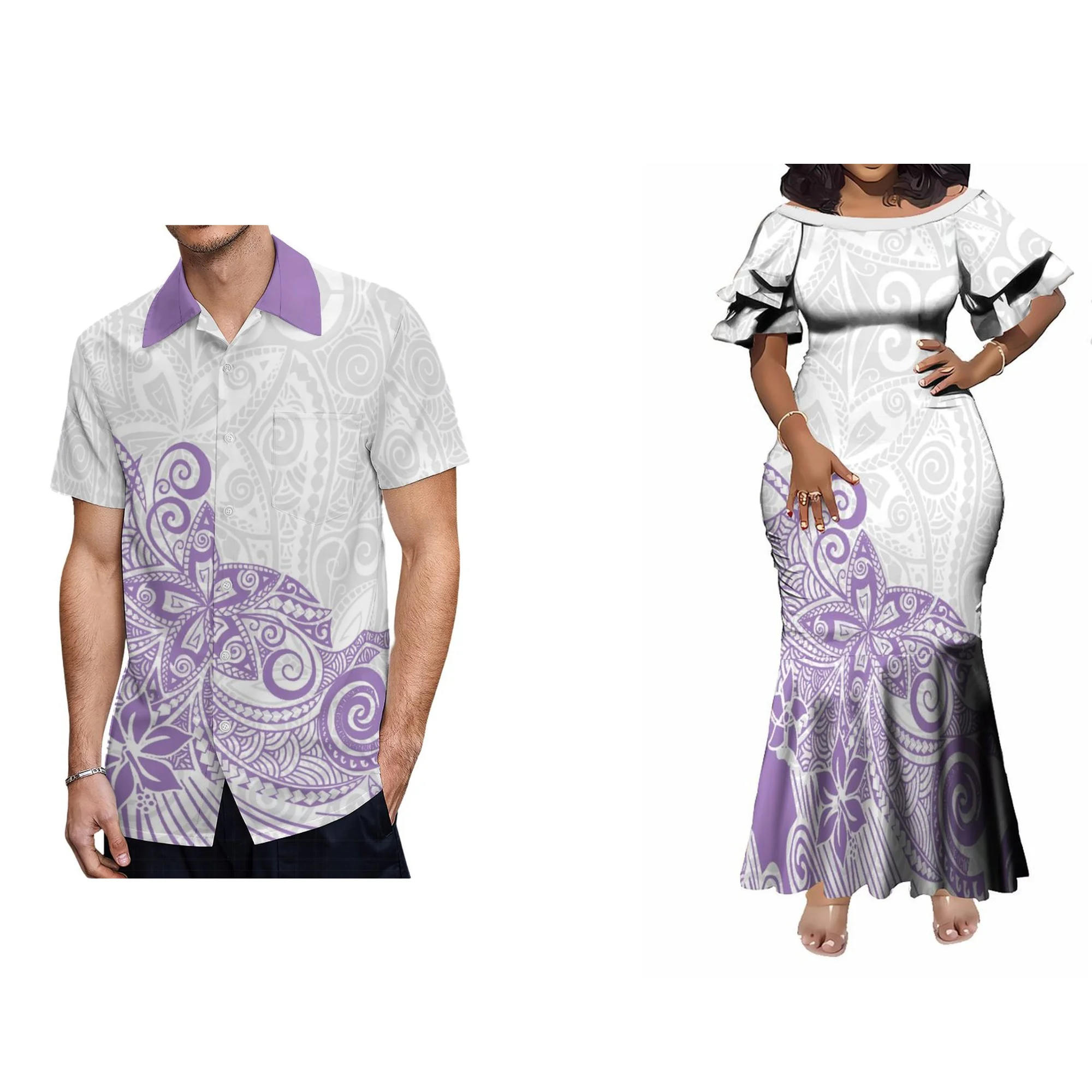 New Design Customized Polynesian Tribal Double Layered Ruffle Sleeve Fishtail Party Dress Plus Size Women Elegant Mermaid Dress