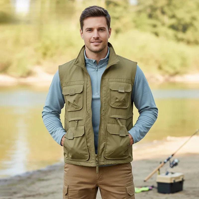 Men's Outdoor Tooling Multi-Pocket Casual Outdoor Fishing Large Size Vest with Vertical Collar Breathable Quick-drying Vest