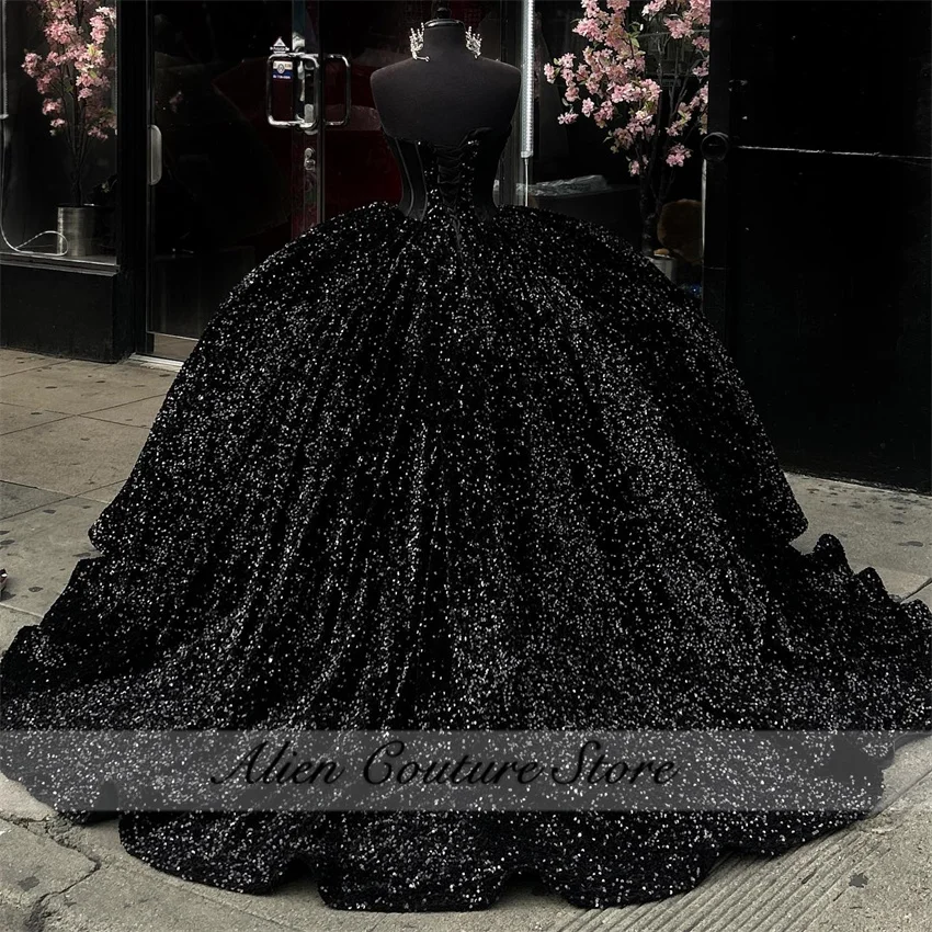 Glitter Black Sequins Quinceanera Dresses Ball Gown 2024 Beads Diamonds Sweet 16 Dress Birthday Party Gown