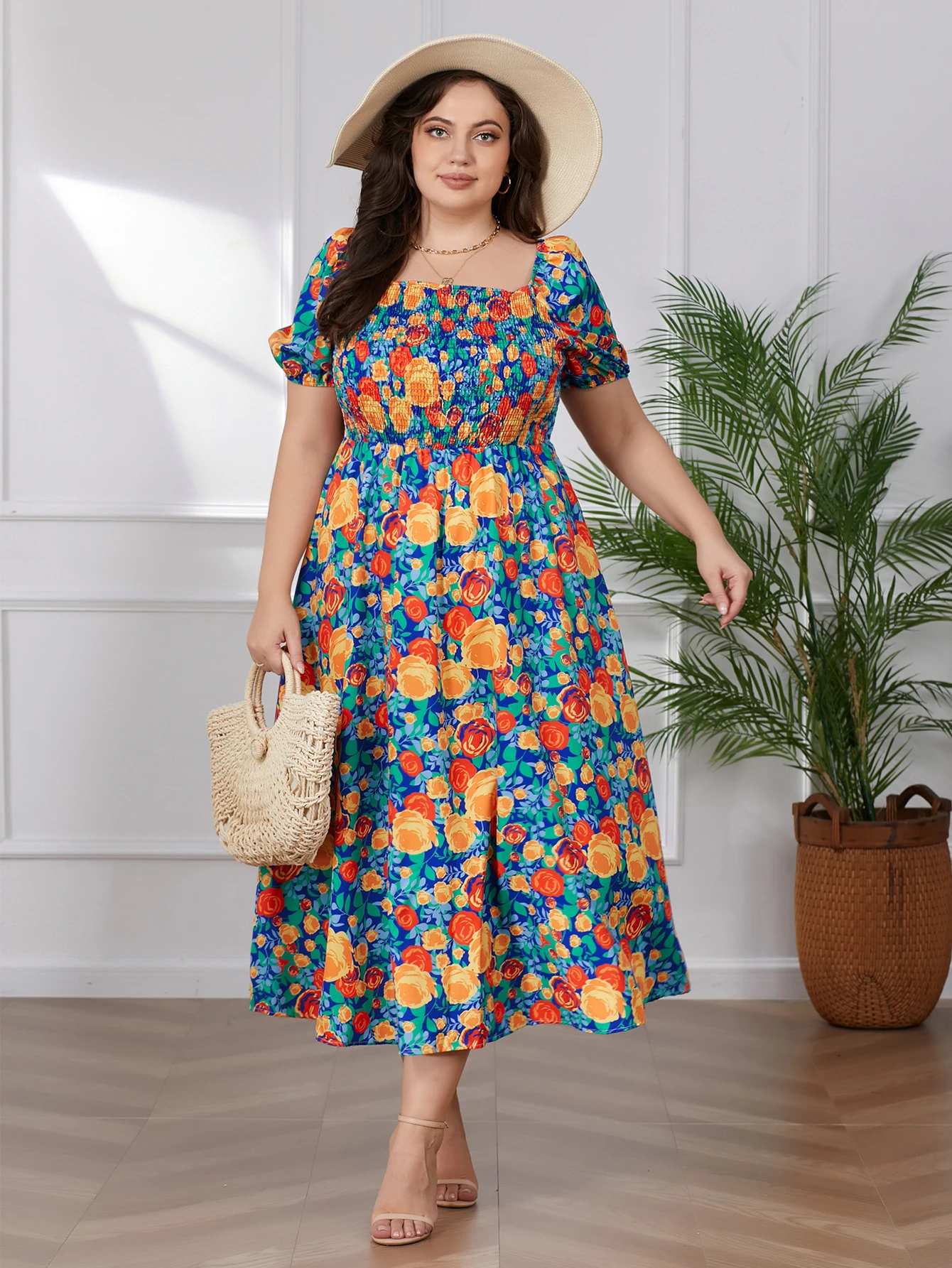 Women\'s plus size dress Bohemian print summer new elegant mid length dress