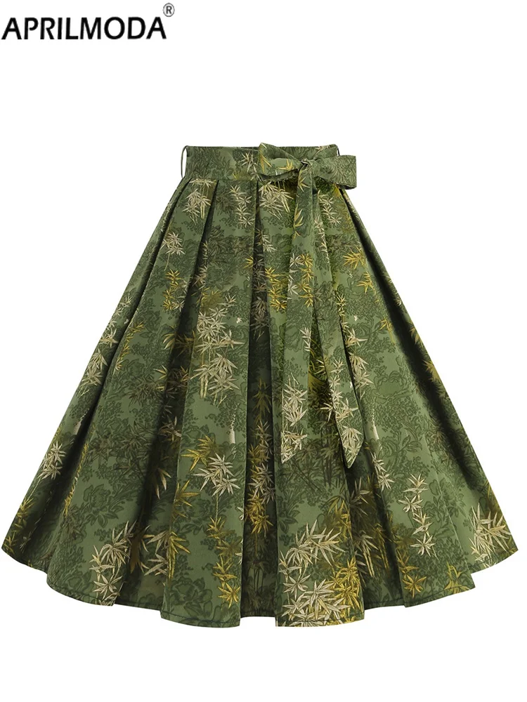 

2024 Women Vintage Pleated Skirt High Waist Floral Print Green Party Dance Skater Elegant 50s 60s Runway Cocktail Skirts