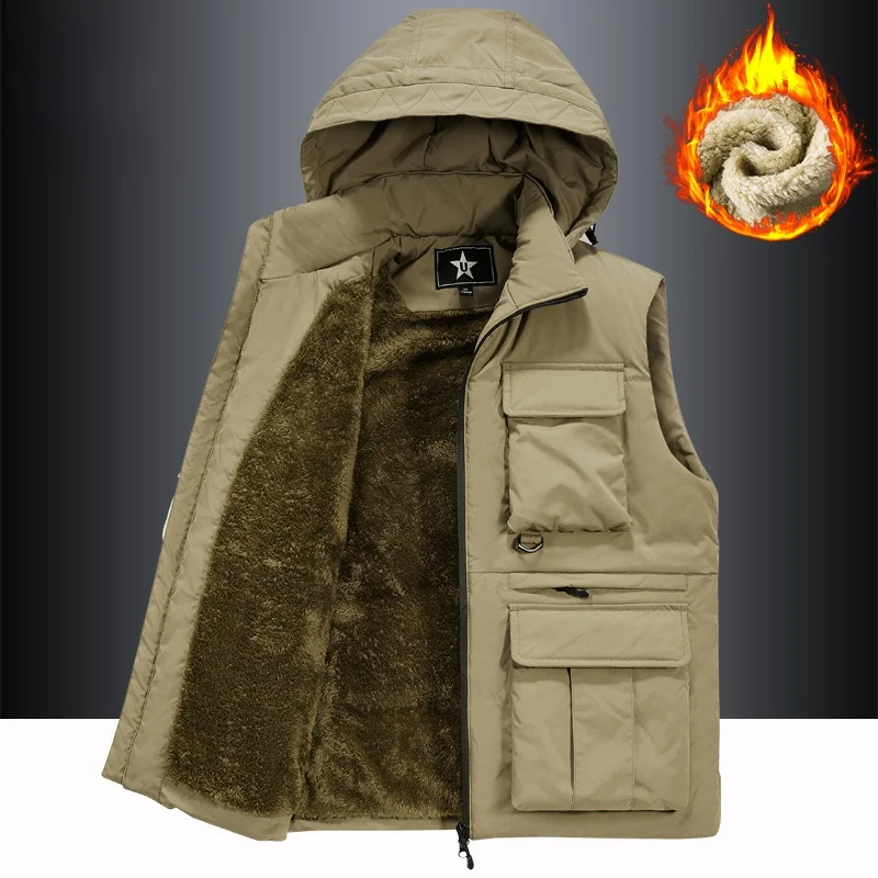 

Men's Fleece Lined Thick Vest Autumn Winter Windproof Warm Multi Pocket Workwear Loose Large Size Hooded Vest Outerwear