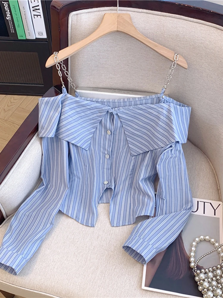 Women Blue Striped Shirts and Blouses Y2k Aesthetic Harajuku Vintage Korean 2000s Elegant Off Shoulder Long Sleeve Shirt Clothes