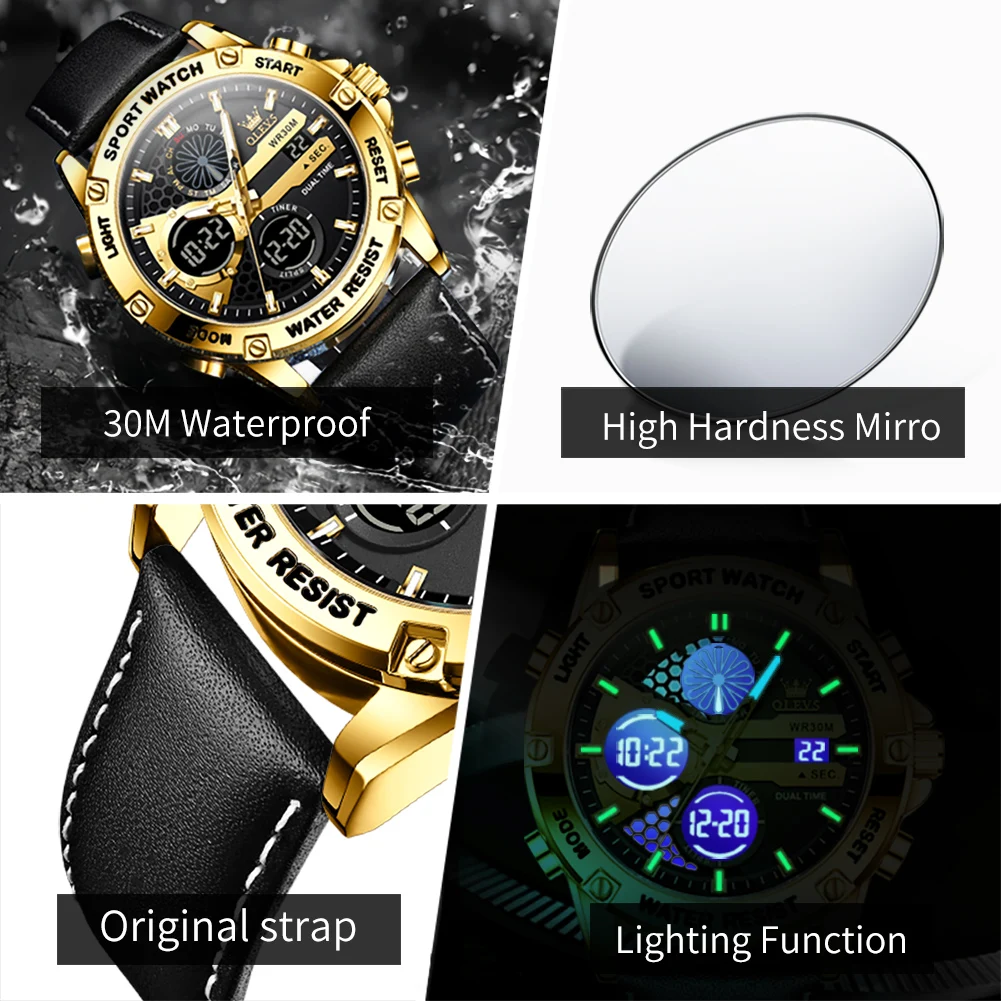 OLEVS Casual Sport Dual Display Quartz Electronic Man Watch Outdoor Fashion Leather Waterproof Week Date Alarm Digital Watches