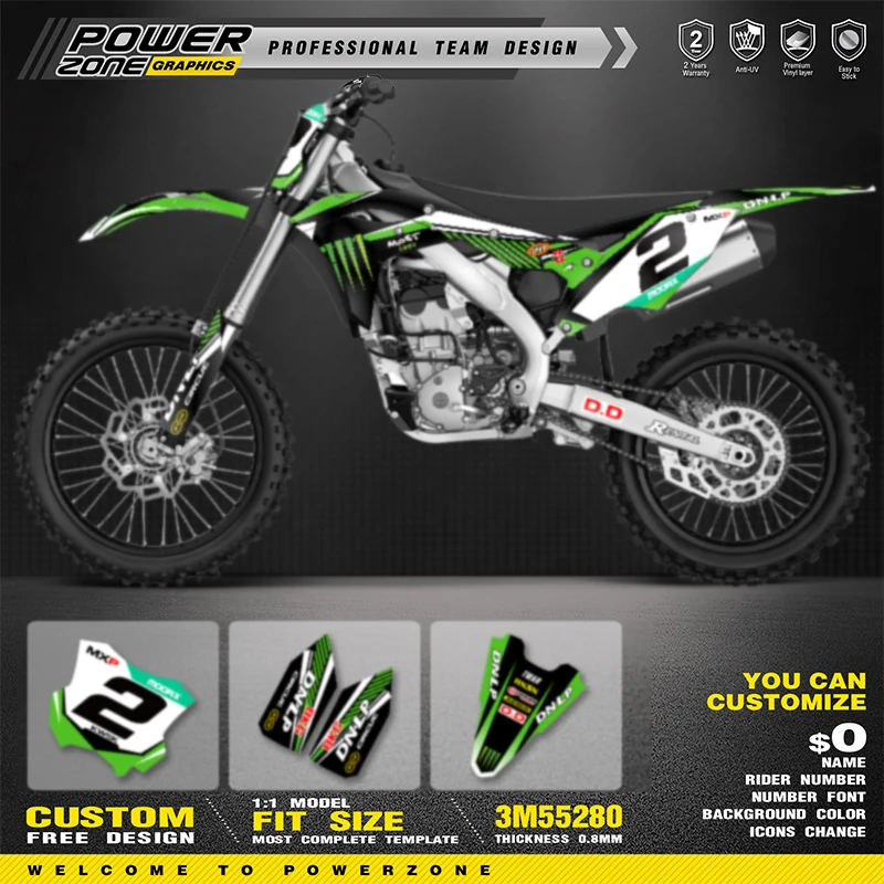 

PowerZone Custom Team For Kawasaki KXF 250 KX 250F 2017 2018 2019 2020 Motorcycle Graphics Background Decals Sticker 06