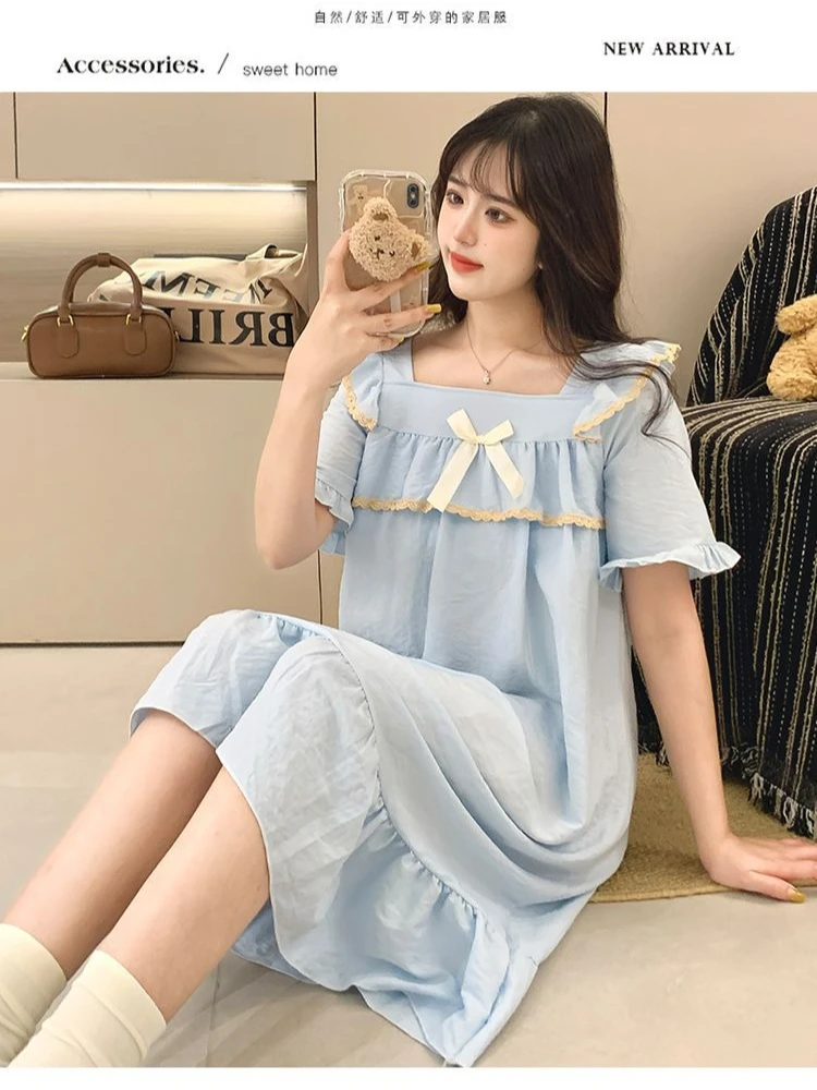 5XL Plus Size Nightgown with Chest Pad Korean Summer Short Sleeve Home Sleep Dress Princess Lace Ruffled Loose Nighties with Bow