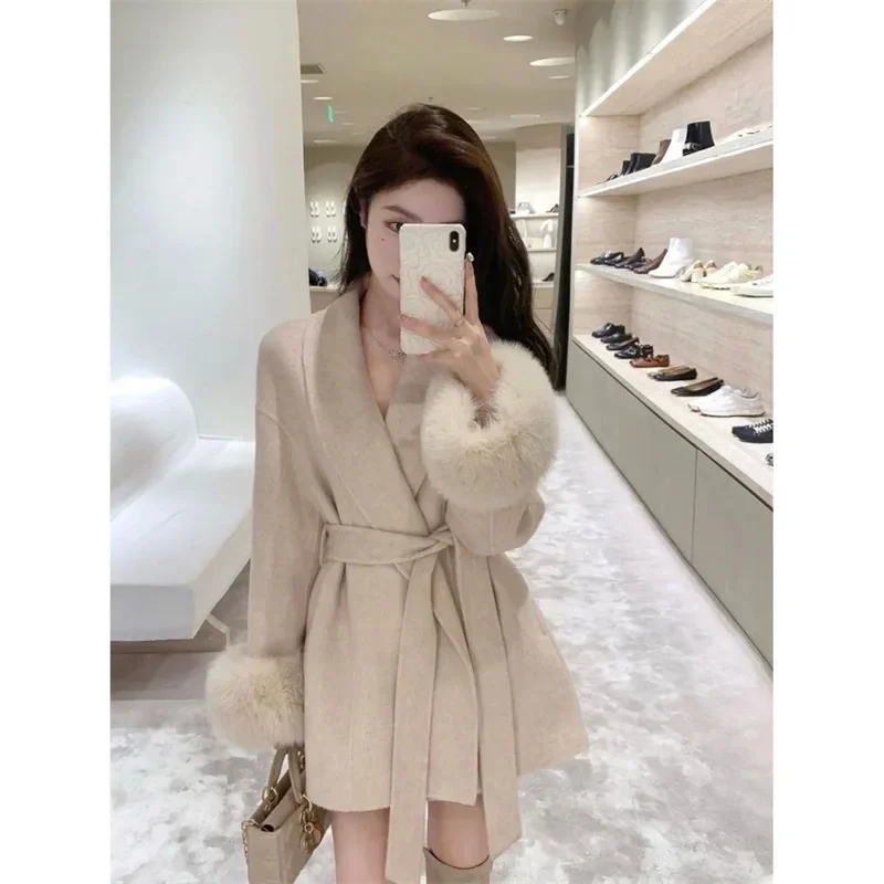 High-End Splicing Short Furry Sleeves Blend Wool Coats with Lace-u Strap Woolen Jacket with Spring and Autumn Long Sleeves Loose