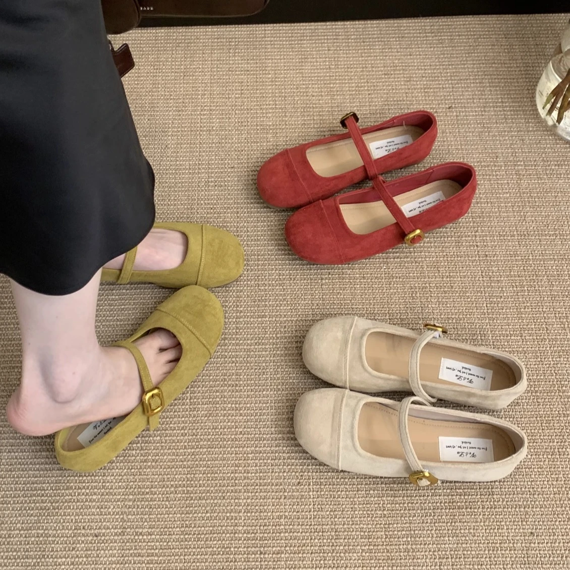 Red Flat Bean Shoes Women's Spring Autumn New Gentle Fairy Velvet Mary Jane Shoes Casual Versatile Slip-On round Toe Rubber Sole