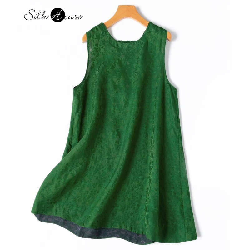 

2025 Women's Casual Summer New 100% Natural Mulberry Silk HuaLuo Breathable Jacquard Sleeveless A-line Medium Length Vest