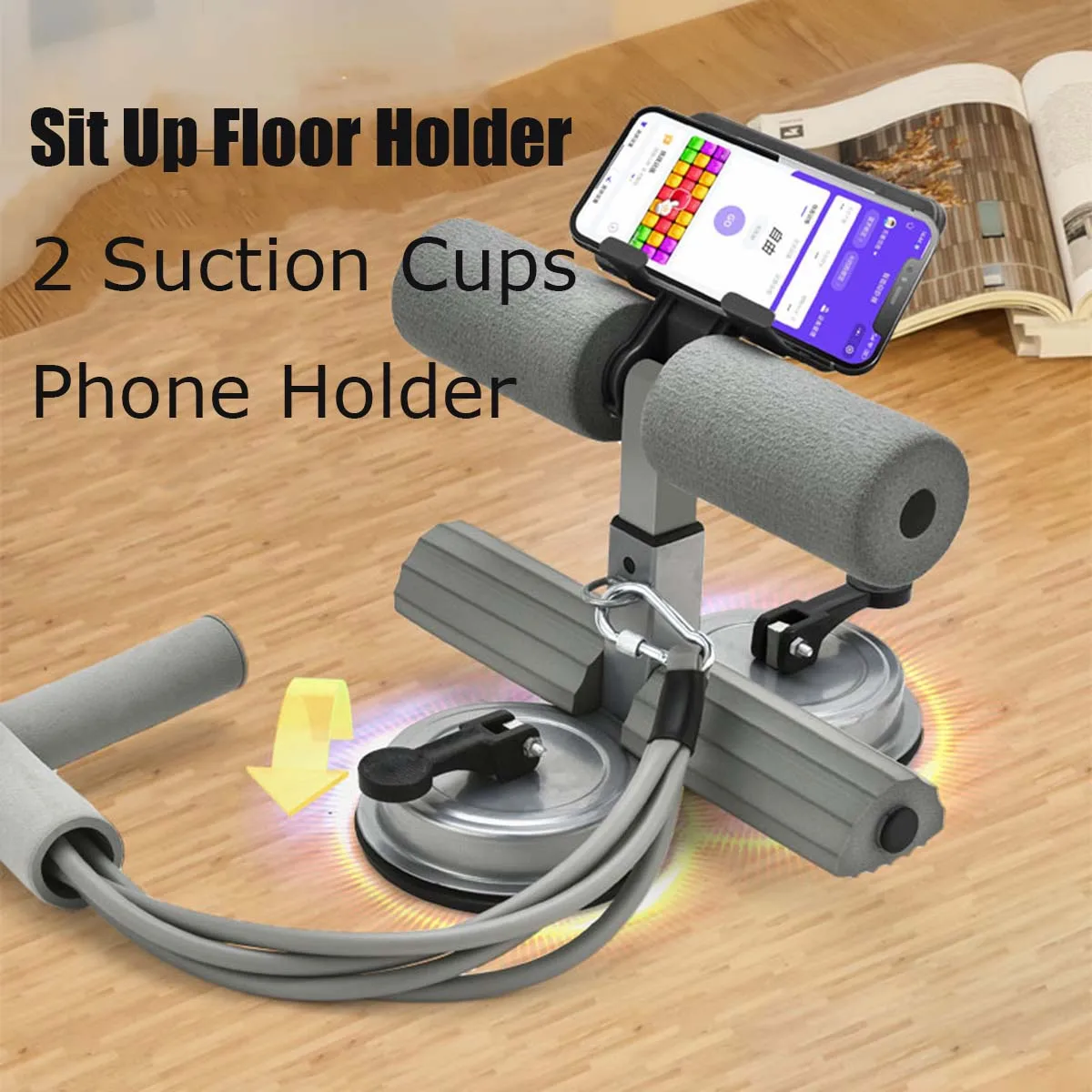 

Sit Up Bar Foot Holder with 2 Suction Cups Phone Holder Floor Holder Adjustable Height Tension Rope Abs Workout Strength Trainer