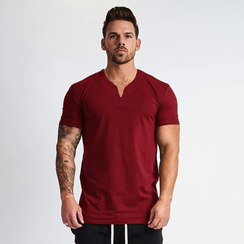 Summer New Arrivals Small V Neck Short Sleeve T Shirt Men Slim Fit Fashion T-shirt Sports Casual Gym Clothing Fitness Tshirt